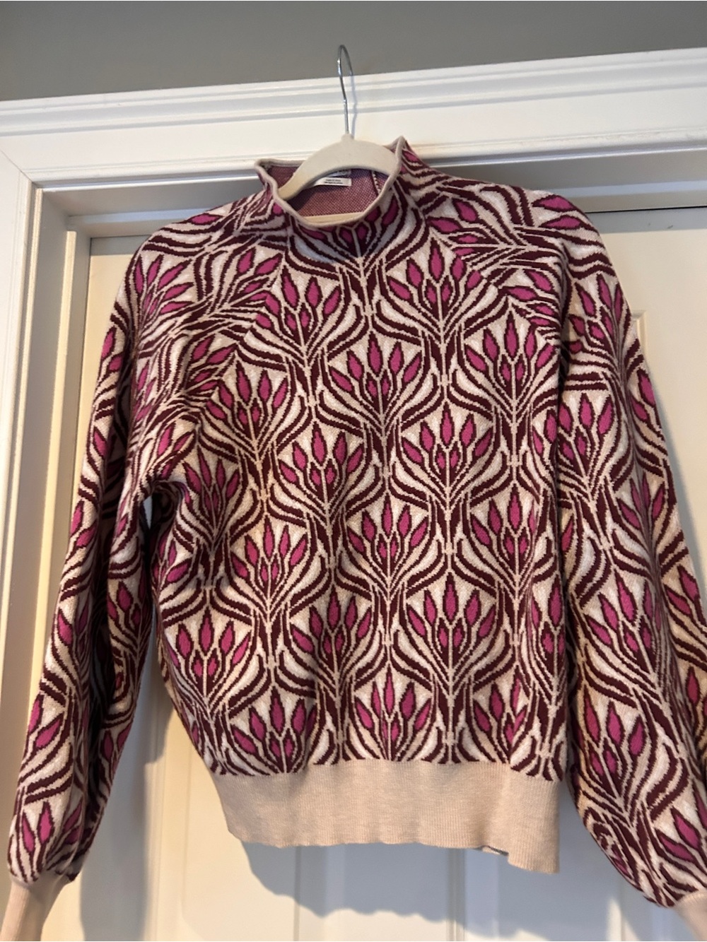 Anthropologie Cream and Pink Floral Jacquard Mock Neck Sweater